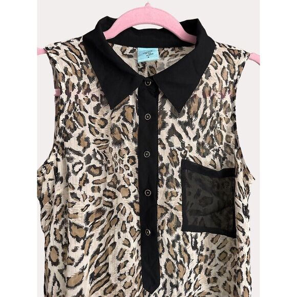 HIP Sheer Chiffon Animal Leopard Print Gold Button Front Blouse Sleeveless S - Picture 2 of 6